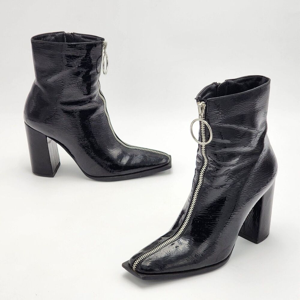 Public Desire Zipper Faux Patent Black Booties Size 8